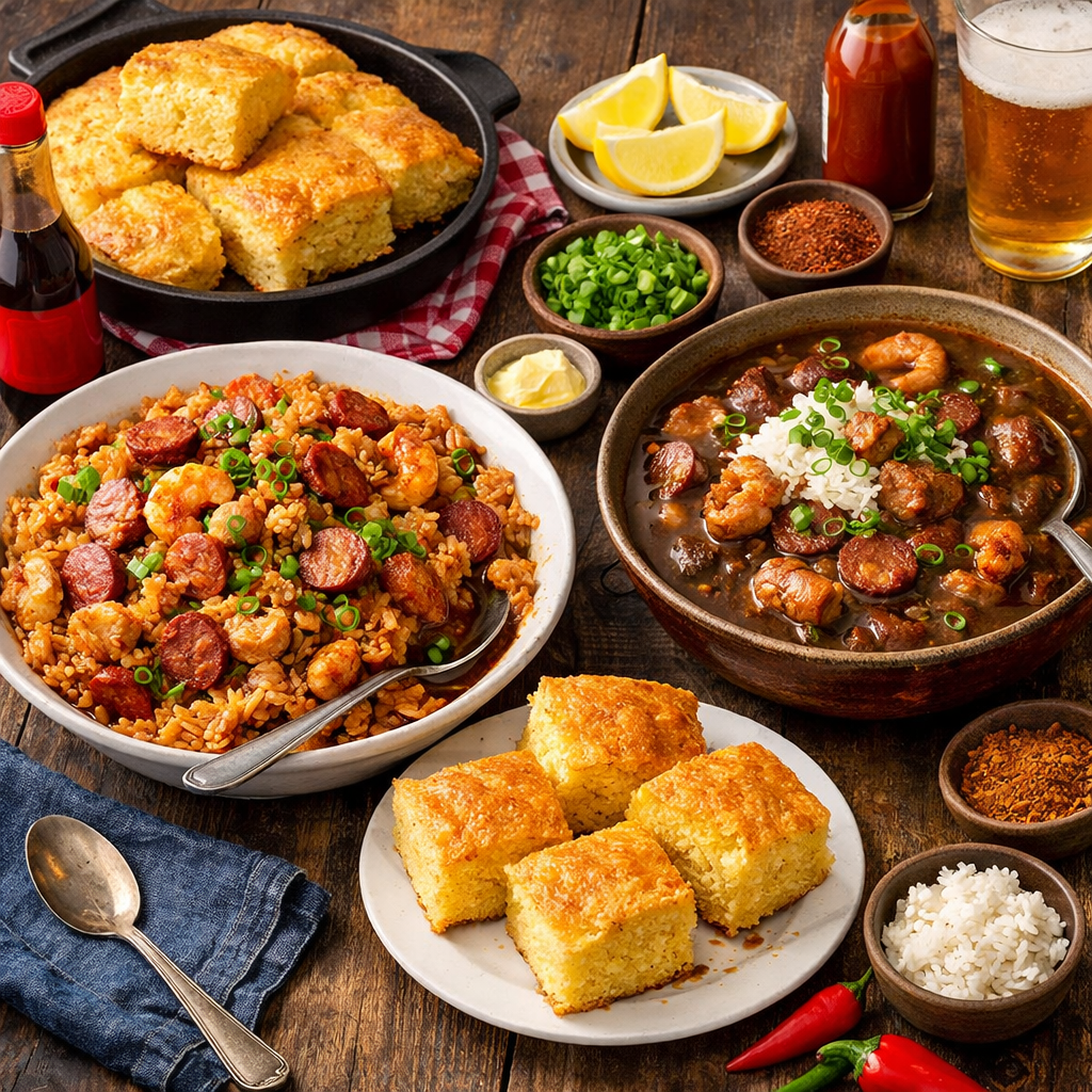 Bowl of jambalaya with shrimp and sausage, bowl of gumbo topped with rice, cornbread squares on plates, lemon wedges, green onions, and spices on wooden table