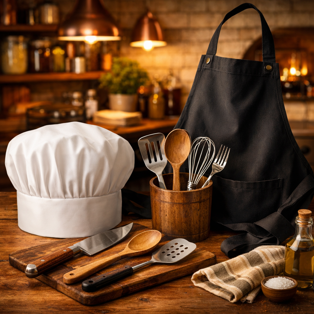 Chef hat, apron, utensils in warm kitchen